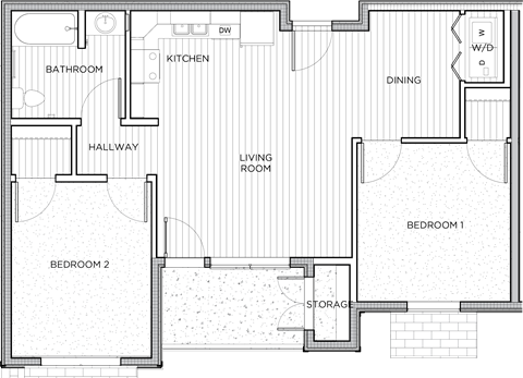 Floor plan for 2 beds, 1 bath, 780 sqft